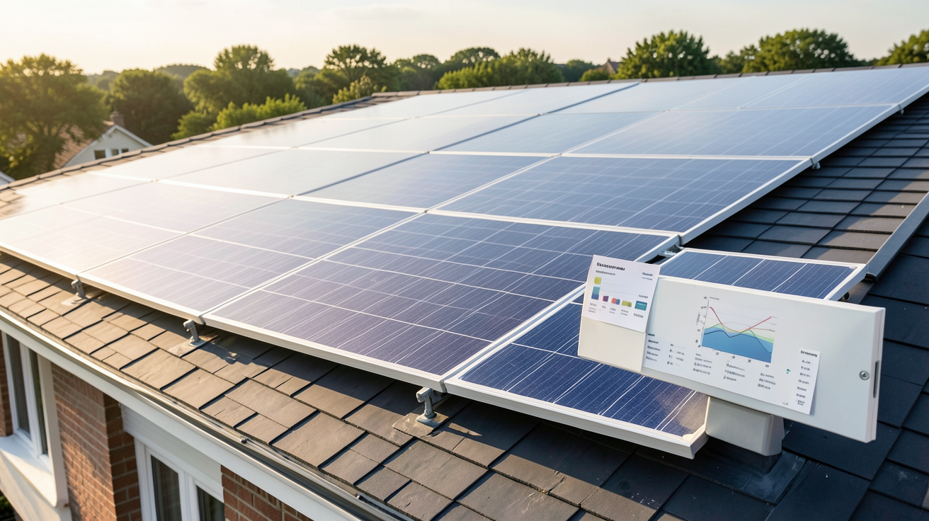 puissance panneaux photovoltaique montrant un tableau de performance et des panneaux solaires sur un toit résidentiel