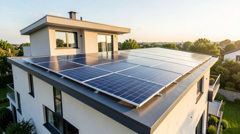 puissance panneaux photovoltaique installée sur le toit d'une maison ensoleillée