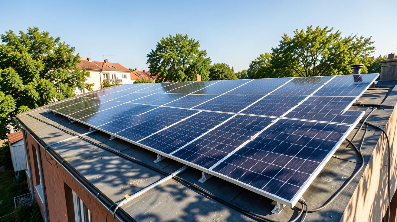 puissance panneaux photovoltaiques m2 montrant les facteurs réduisant la performance : ombrage partiel sur des panneaux solaires installés sur un toit