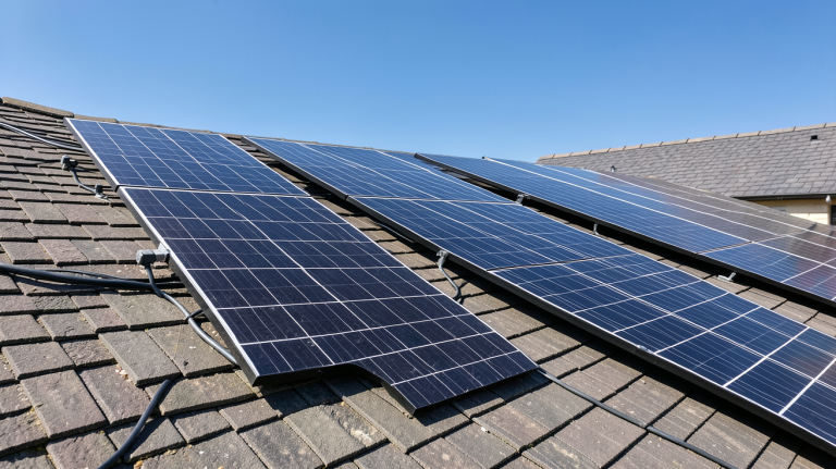 puissance panneaux photovoltaiques m2 installés sur un toit de maison sous un ciel ensoleillé