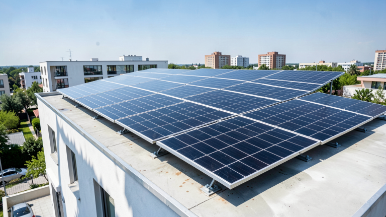 puissance photovoltaïque d'une installation solaire sur le toit d'une maison urbaine moderne avec des panneaux noirs brillants sous un ciel bleu dégagé