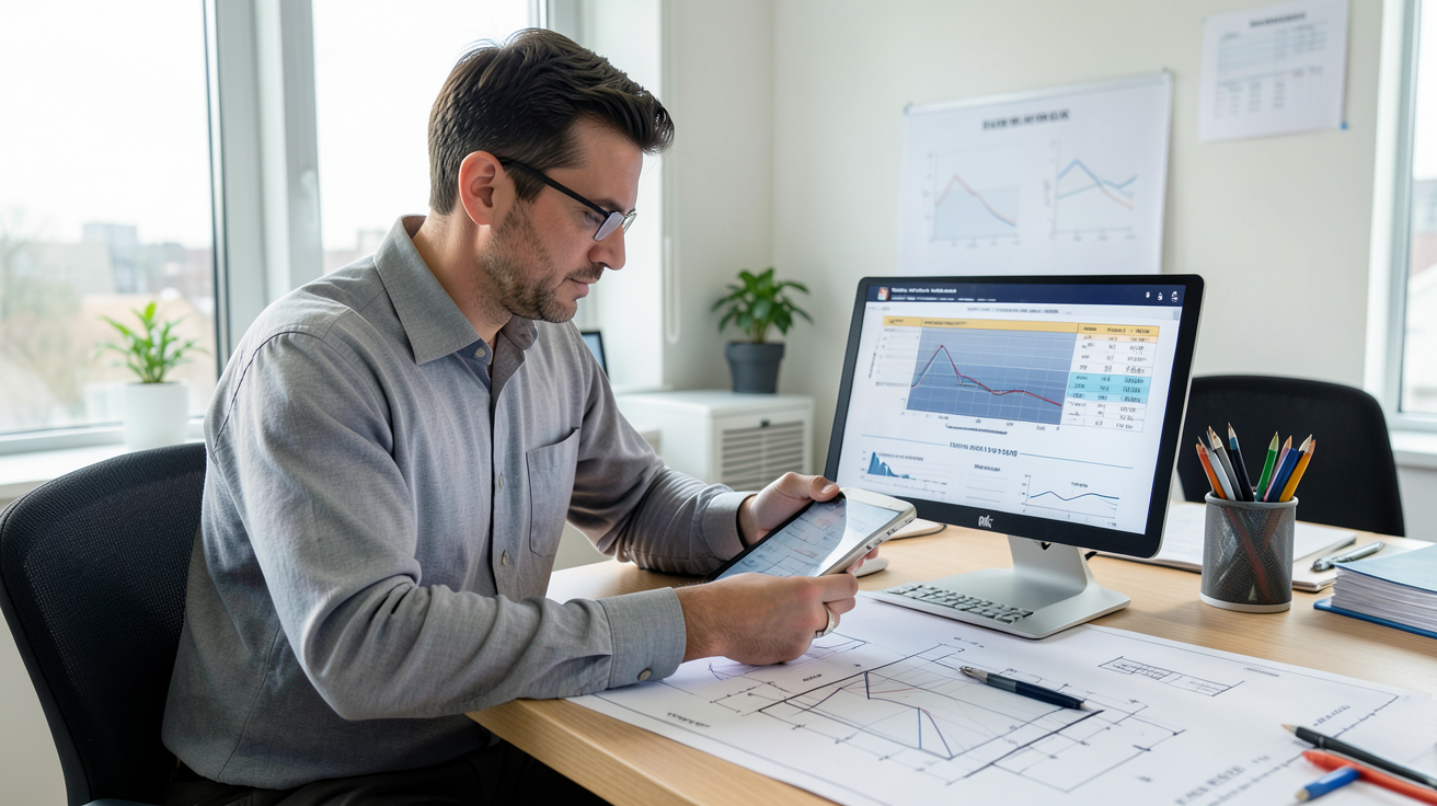 puissance photovoltaïque kWc calculée par un technicien avec des plans et une tablette dans un bureau moderne