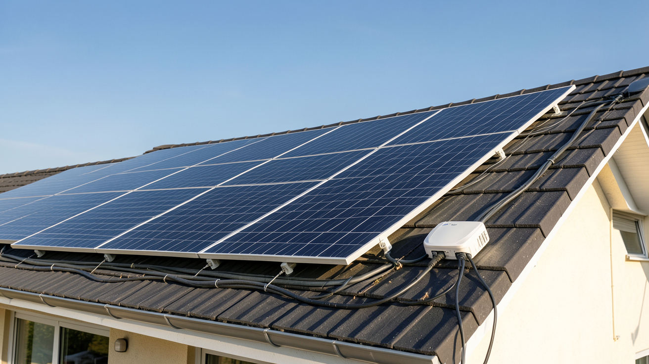 puissance photovoltaïque en kilowatt-crête (kWc) d'une installation de 9 kWc sur un toit de maison moderne