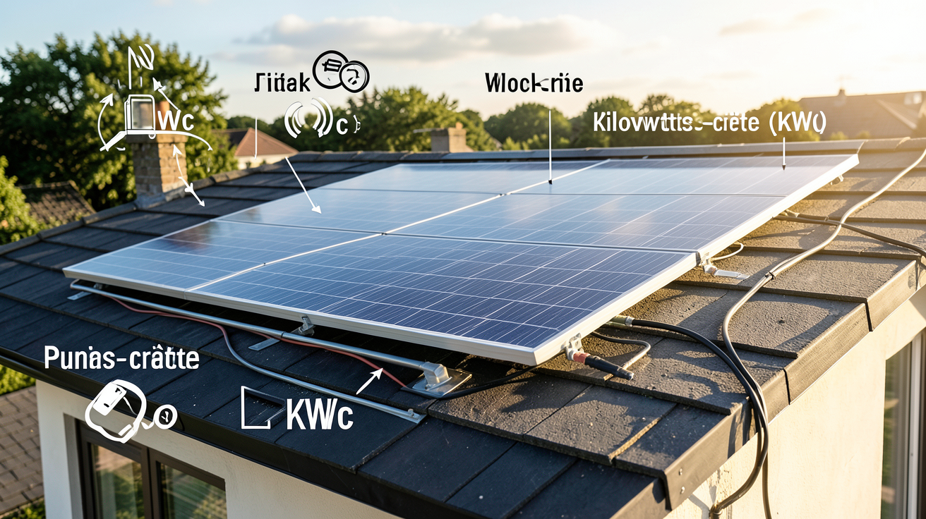 puissance photovoltaïque pour une maison : panneau solaire sur toit avec explication des watts-crête et kilowatts-crête