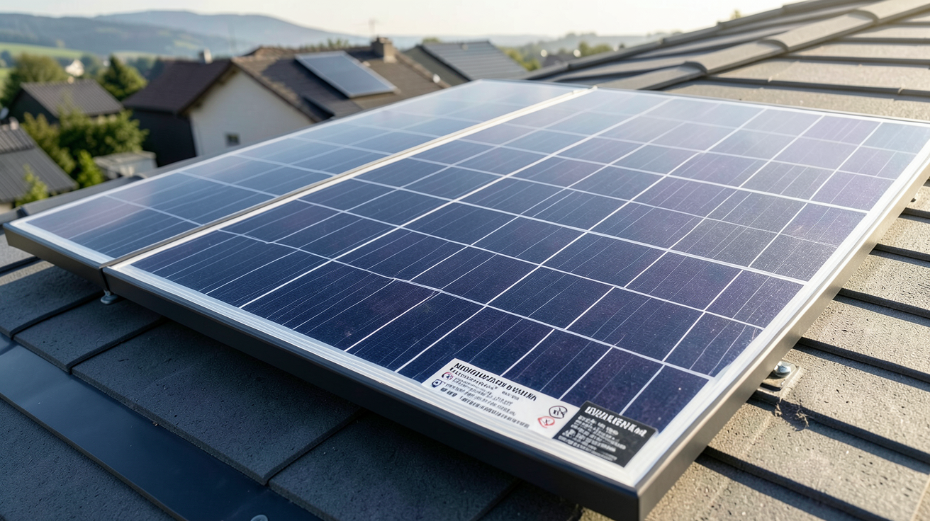 puissance photovoltaïque par m2 illustrée par des panneaux solaires avec étiquettes techniques