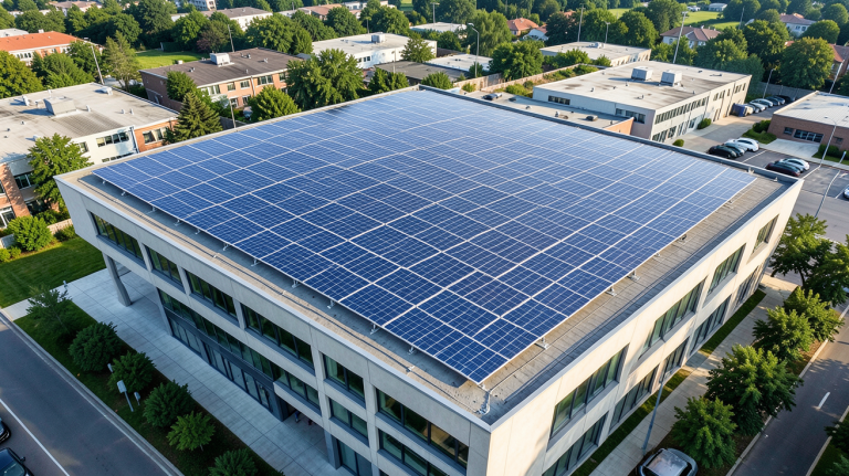 puissance photovoltaique par m2 affichée sur la surface d'une toiture solaire moderne, mesurée en kilowatts par mètre carré, sous lumière naturelle