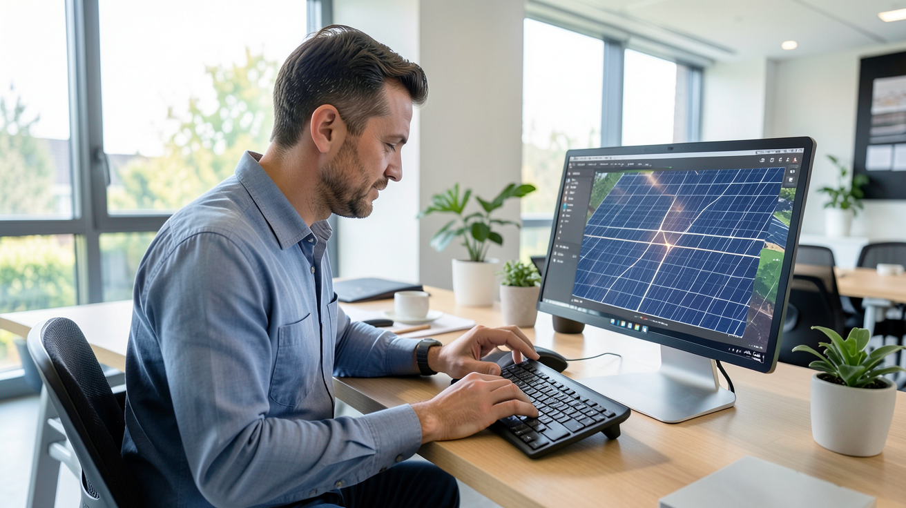 puissance photovoltaïque pour une maison : technicien calculant la puissance nécessaire en kWc à l'aide d'un logiciel de simulation