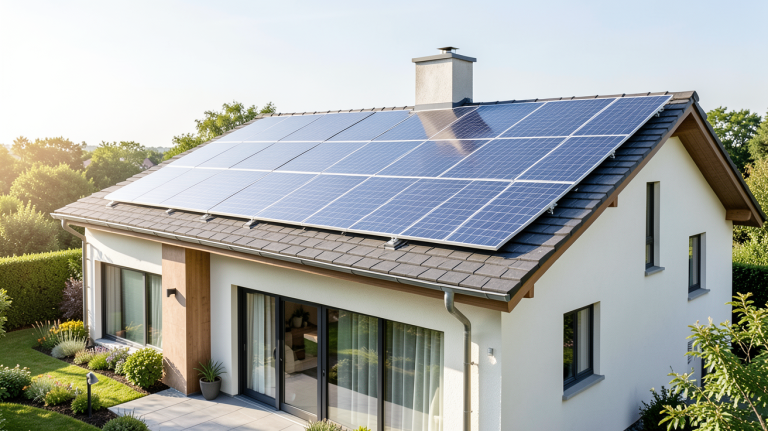 puissance photovoltaique pour une maison installation de panneaux solaires sur le toit d'une maison moderne, affichant la production d'énergie