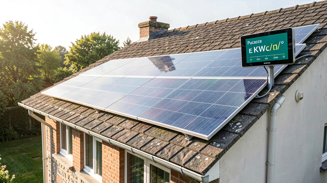 puissance photovoltaïque par m² affichée sur un écran numérique à côté d'un panneau solaire installé sur un toit