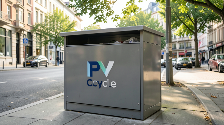 pv cycle point de collecte en centre-ville avec bac de recyclage extérieur
