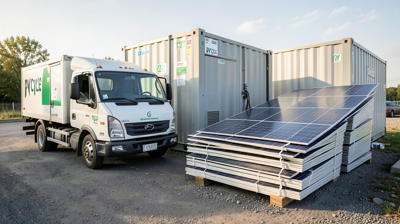 pv cycle point de collecte pour le dépôt de panneaux solaires avec un véhicule utilitaire stationné devant un conteneur dédié