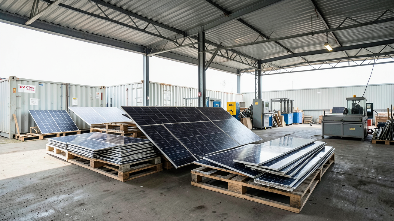 pv cycle point de collecte filière recyclage panneaux solaires usagés entreposés sous auvent industriel