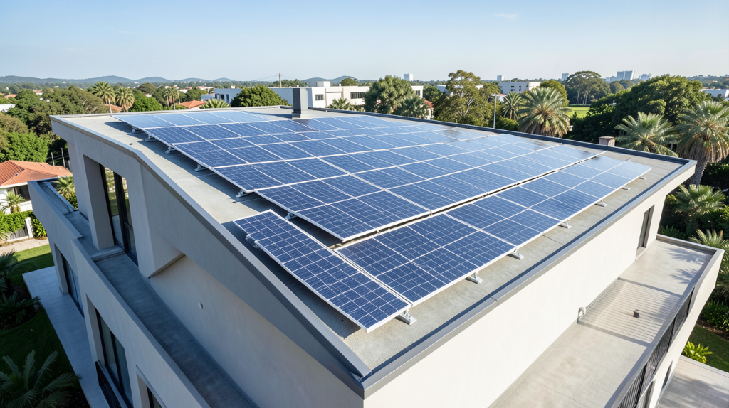 pv solaire installé sur le toit d'une maison moderne, panneaux photovoltaïques en pleine lumière, vue nette et détaillée