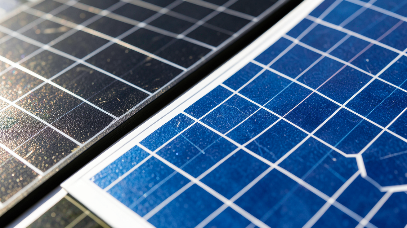 que choisir photovoltaique : comparaison de la texture et de la couleur de panneaux solaires monocristallins et polycristallins.