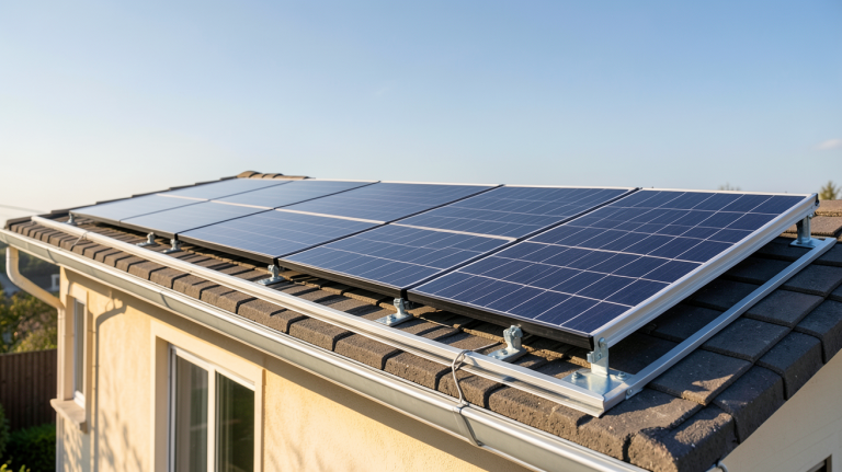 rail panneau solaire installé sur le toit d'une maison résidentielle avec des panneaux solaires en arrière-plan