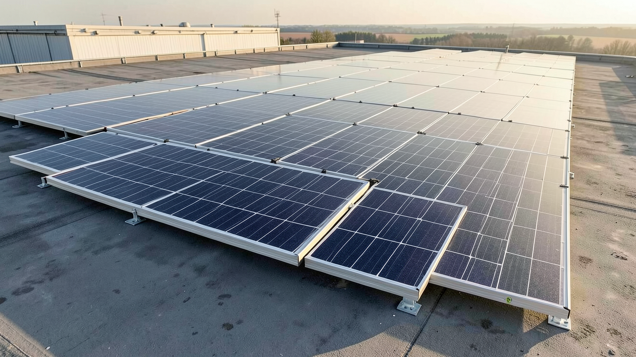 rail panneau solaire installé sur une toiture plate avec des panneaux solaires fixés