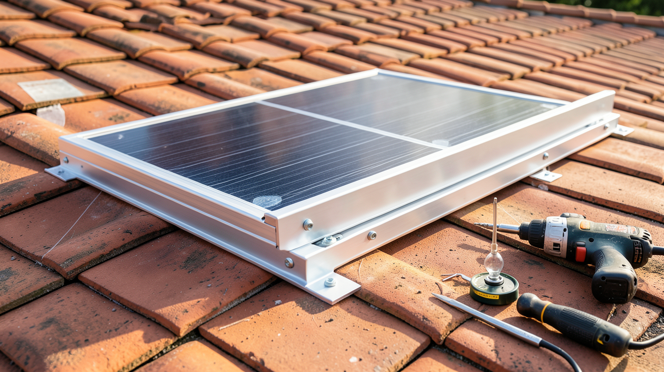 rail pour panneau solaire installé sur une toiture en tuiles rouges avec outils de bricolage