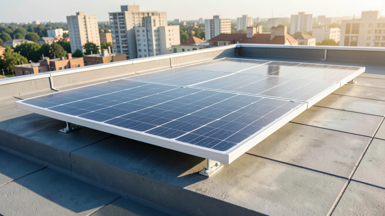 rail pour panneau solaire fixé sur une toiture-terrasse avec vue sur un paysage urbain