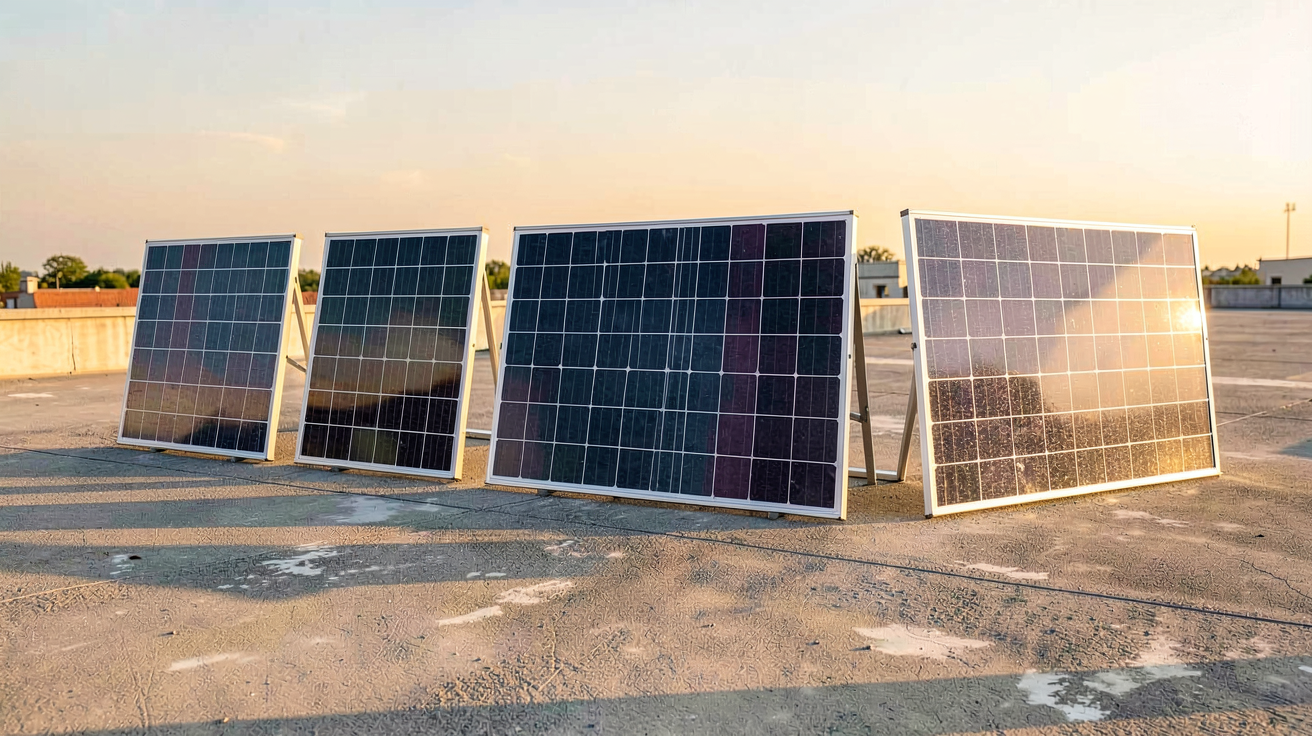 recom panneau solaire cinq gammes alignées sur un toit avec lumière naturelle