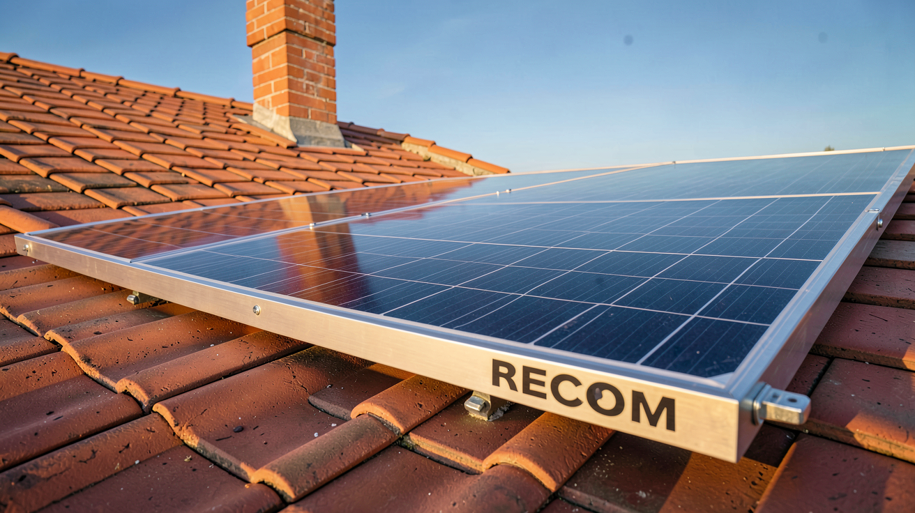 recom panneau solaire installé sur un toit en tuiles rouges avec un ciel bleu dégagé, mettant en avant son rendement et sa performance