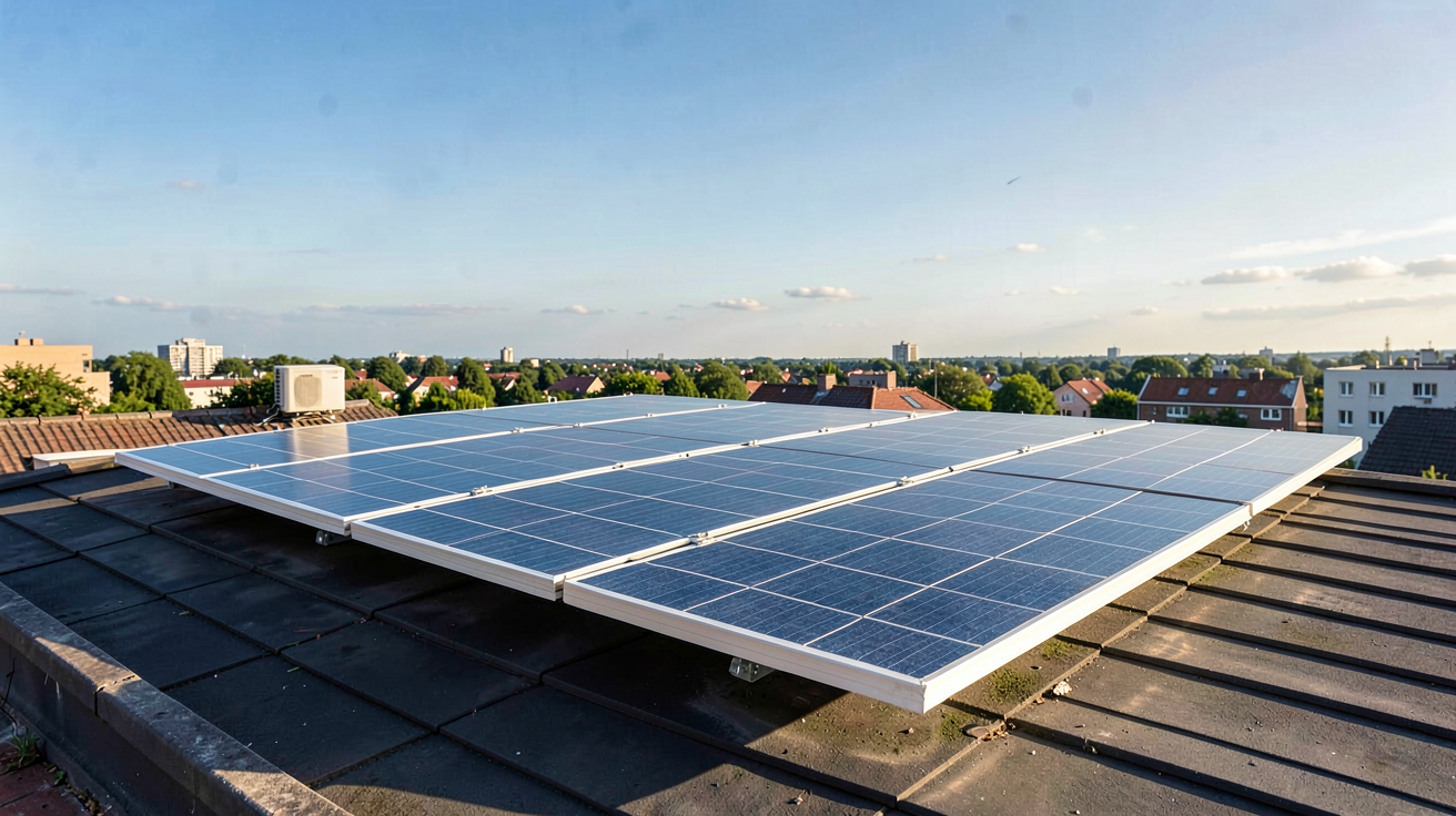 recom panneau solaire installé sur un toit avec un ciel dégagé