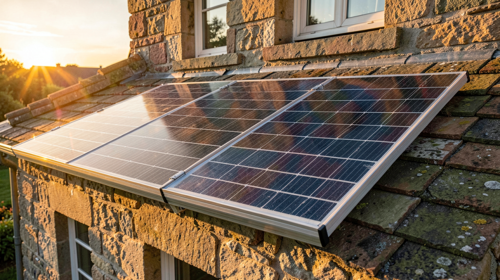 recom panneau solaire REC Alpha Pure installé sur le toit d'une maison en pierre bordelaise sous un ciel doré