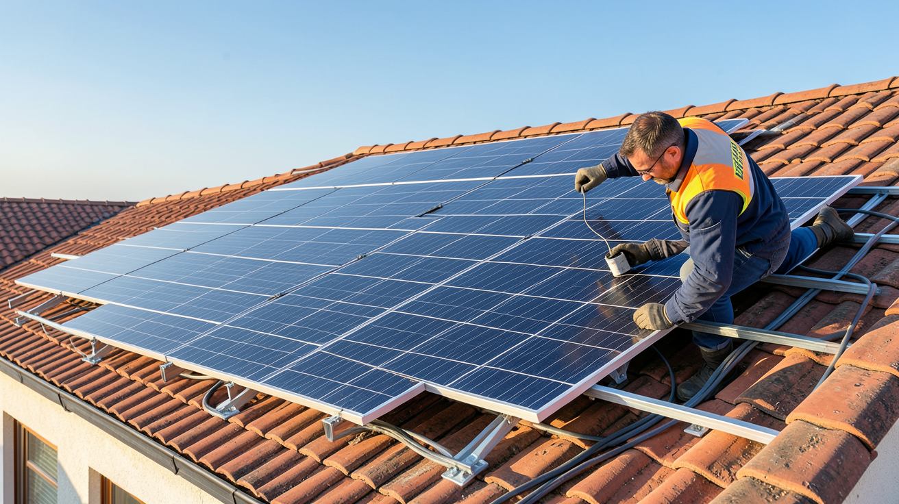 recom photovoltaïque installation de panneaux solaires sur toit avec technicien expert