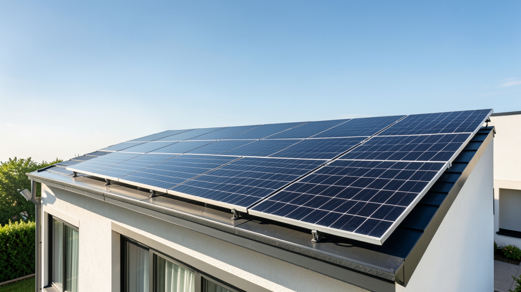 recom photovoltaïque installé sur le toit d'une maison contemporaine
