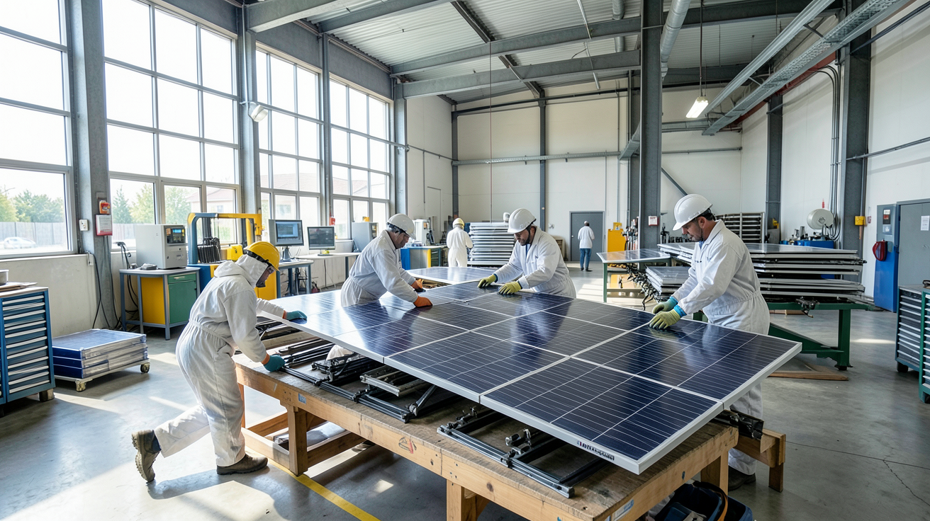 recyclage des panneaux photovoltaïques en France : employés manipulant des panneaux solaires démantelés dans un centre spécialisé