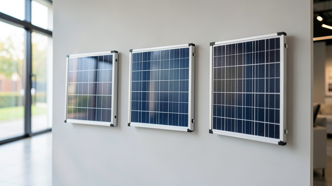 renogy panneau solaire affichant trois gammes différentes (monocristallin, polycristallin, bifacial) exposées dans un showroom français