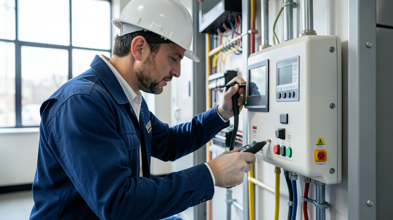 réparation onduleur photovoltaïque : technicien effectuant un diagnostic rapide avec un multimètre