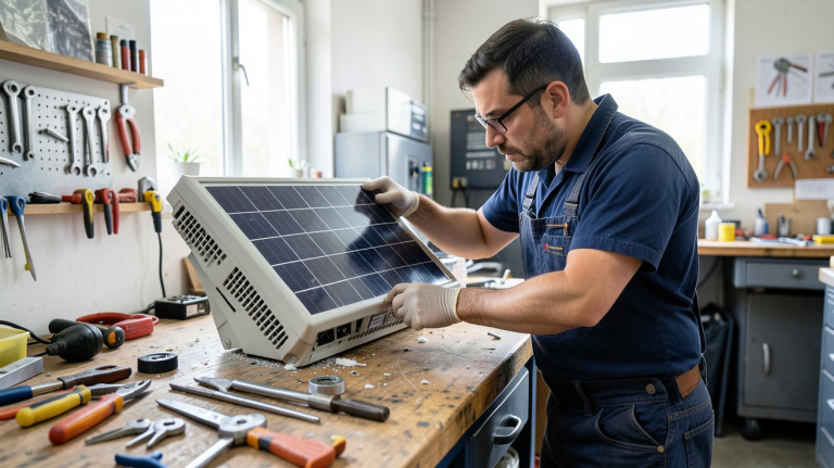 reparation onduleur photovoltaique montre un technicien en train de réparer un onduleur photovoltaïque dans un atelier bien éclairé