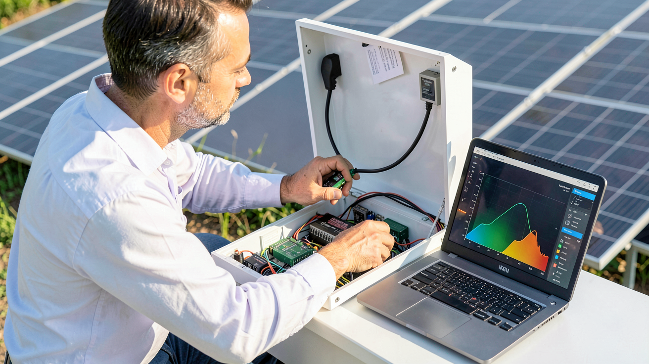 reparation onduleur solaire technicien effectuant un diagnostic détaillé d'un onduleur solaire avec ordinateur portable et panneaux photovoltaïques en arrière-plan
