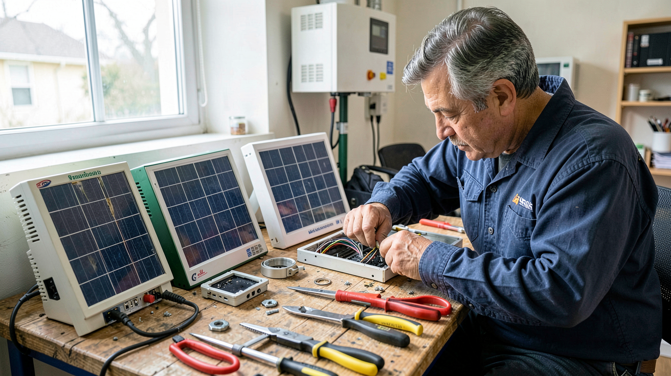 reparation onduleur solaire illustrant différents types de pannes et marques d’onduleur, avec technicien, outils et pièces détachées en contexte réaliste