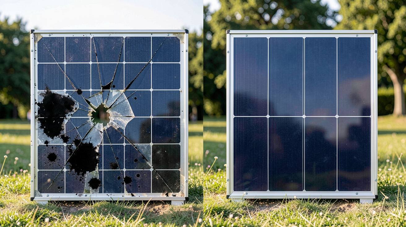 réparation panneau photovoltaïque avant après rénovation montrant un panneau endommagé et un panneau réparé
