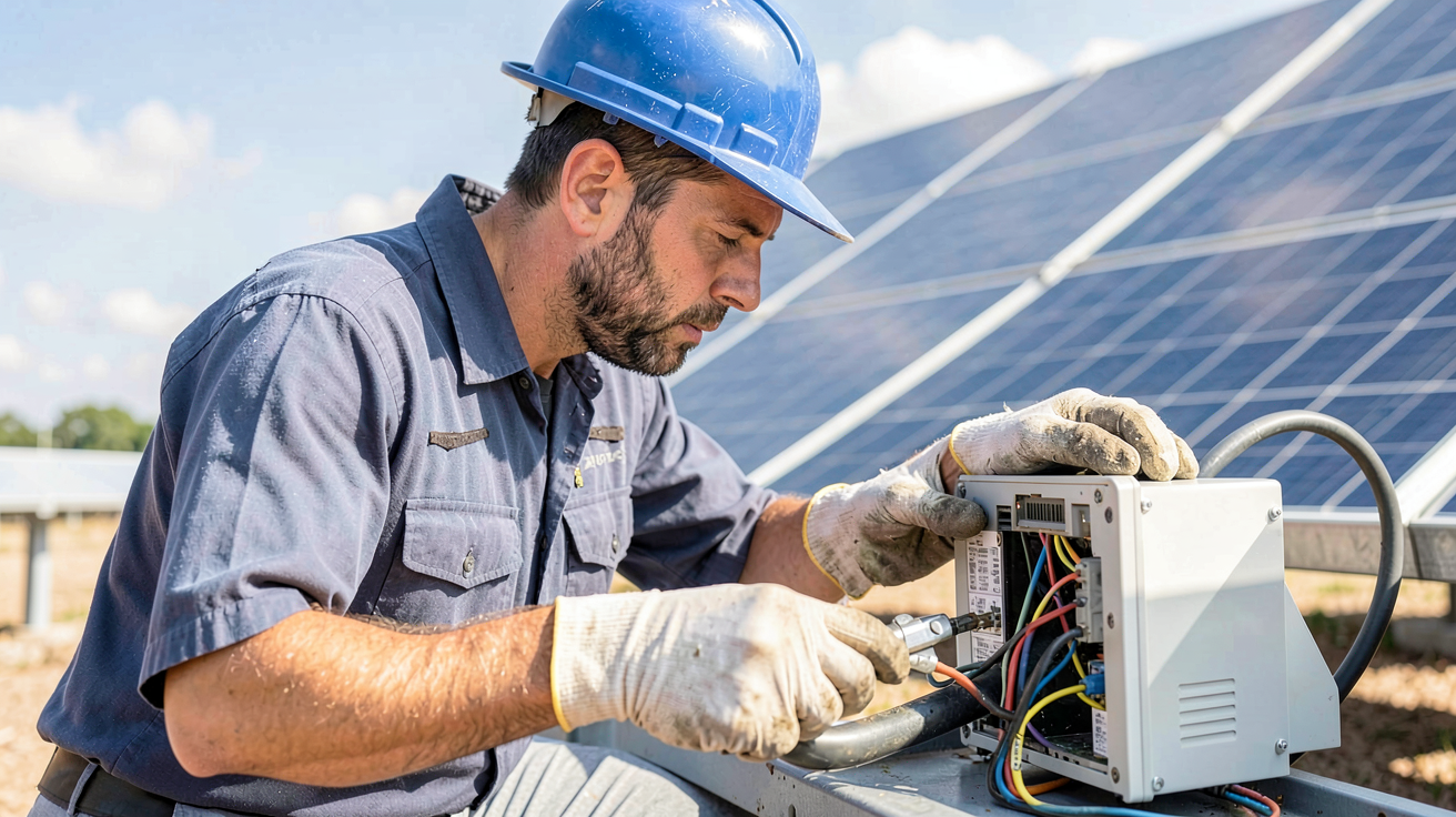 reparation panneau photovoltaique technicien inspectant un onduleur solaire défectueux