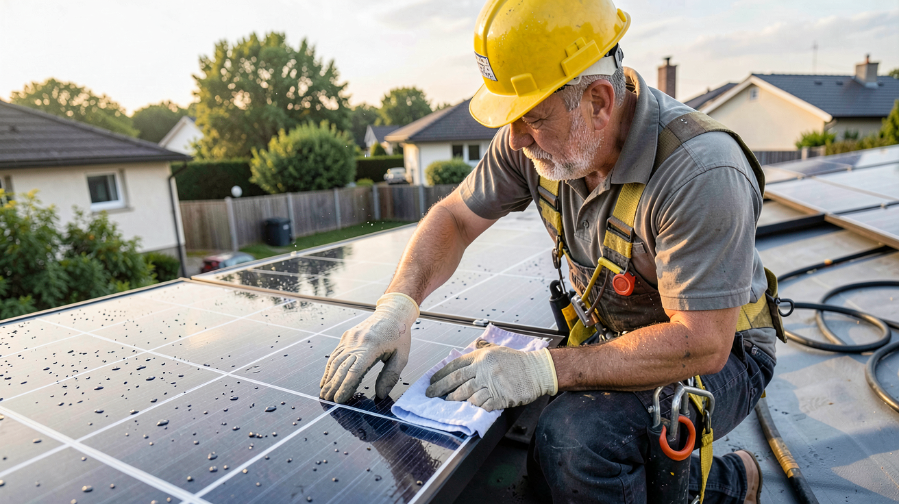 réparation panneau photovoltaïque : technicien nettoyant un panneau solaire sur un toit avec des bonnes pratiques