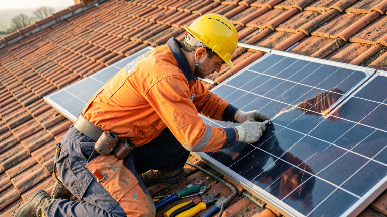 réparation panneau photovoltaïque par un technicien en combinaison orange et casque jaune sur un toit en tuiles rouges