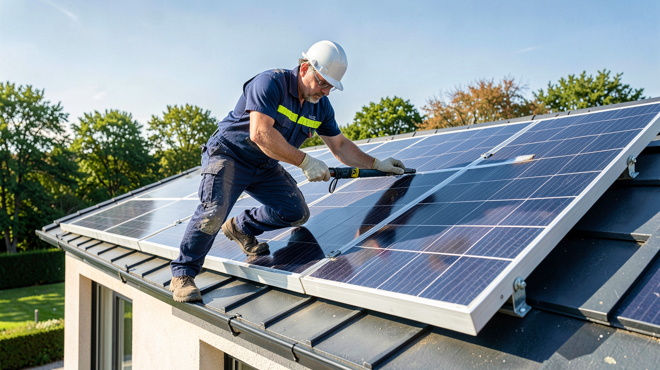 resa panneaux photovoltaïques coût installation Belgique : installateur vérifiant des panneaux solaires sur un toit de maison en Belgique