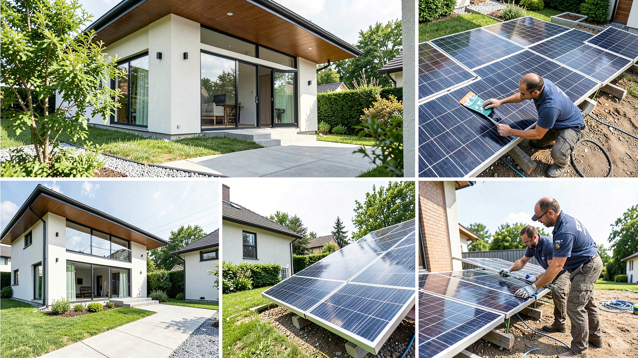resa panneaux photovoltaïques illustration des étapes de réservation d’une installation solaire, montrant un technicien, une maison et des panneaux.