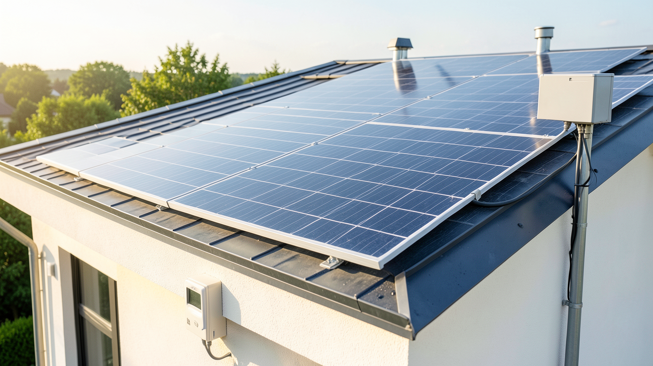 revendre son électricité solaire : installation photovoltaïque sur toit avec compteur et câble de connexion pour revente totale ou autoconsommation avec surplus