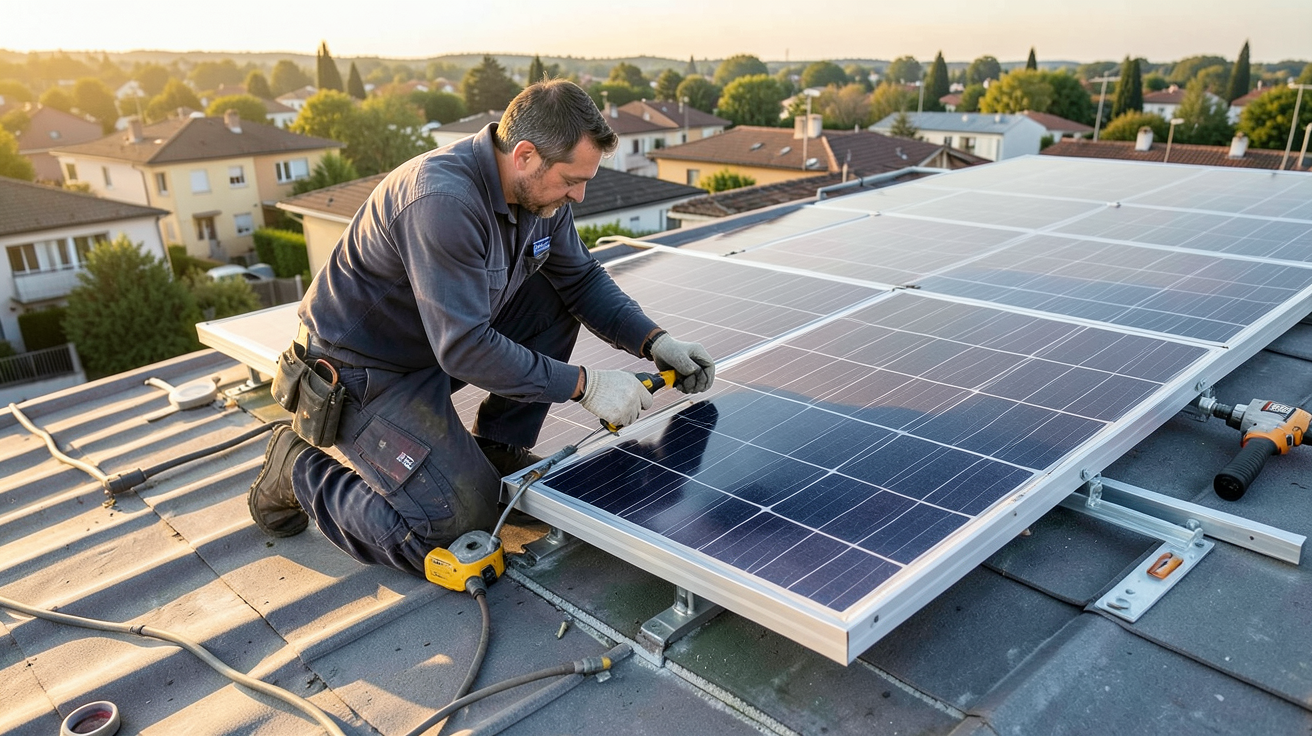 rexel panneau solaire installation par un technicien sur un toit résidentiel