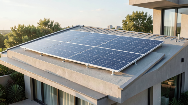 rexel panneau solaire installé sur le toit d’une maison moderne avec un ciel dégagé