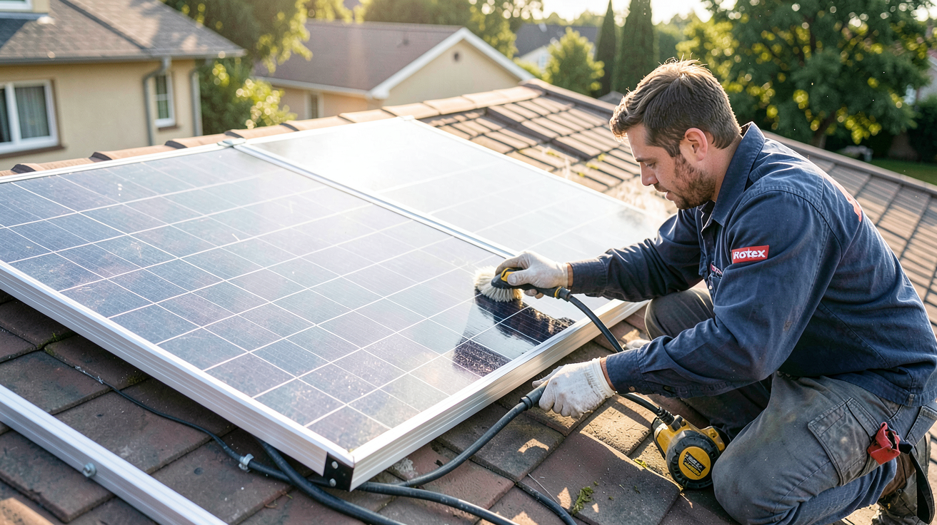 rotex solaire : technicien en train d'entretenir un panneau solaire Rotex sur un toit résidentiel
