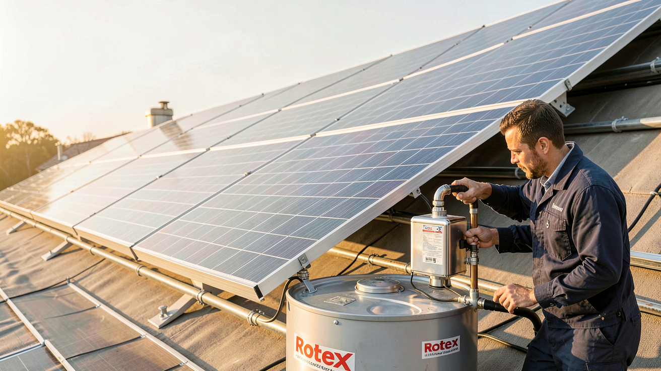 rotex solaire installation d'un chauffe-eau solaire avec panneaux thermiques sur toit et technicien en vérification