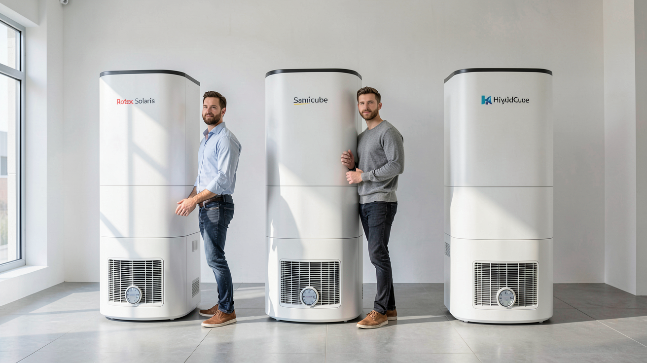 rotex solaire modèles Solaris, Sanicube et HybridCube exposés côte à côte dans un showroom professionnel