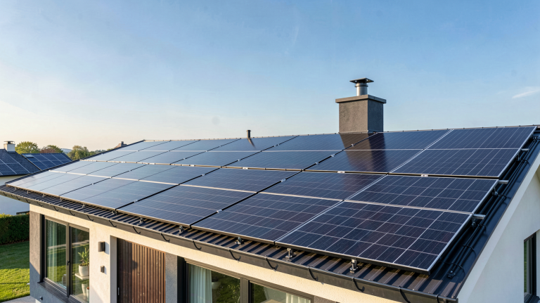 rotex solaire installation de panneaux photovoltaïques noirs sur le toit d'une maison moderne avec un ciel bleu azur
