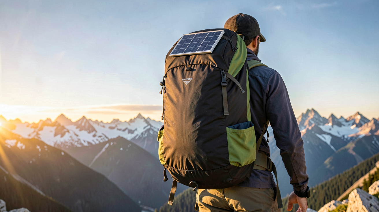 sac à dos solaire porté par un randonneur en montagne avec un panneau solaire intégré