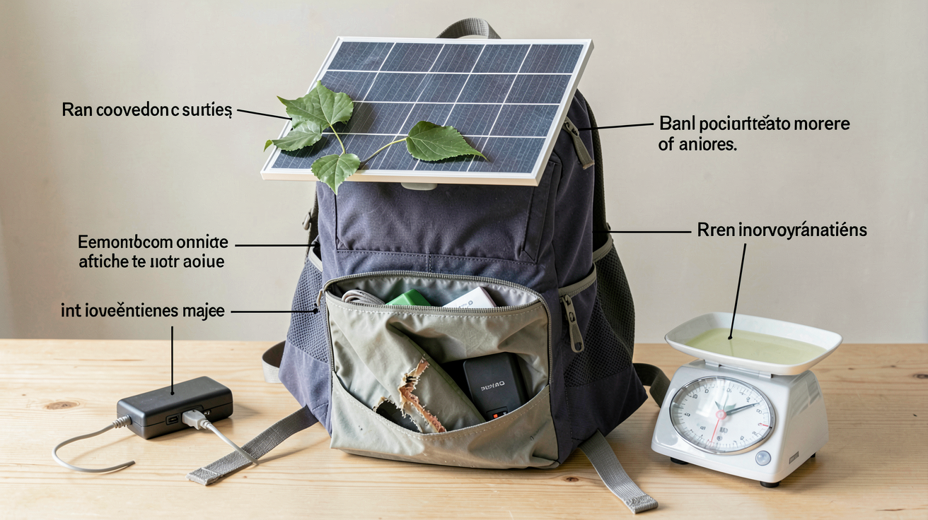 sac à dos solaire illustrant cinq inconvénients majeurs : panneau ombragé, batterie déchargée, compartiment désorganisé, sangle usée et poids excessif