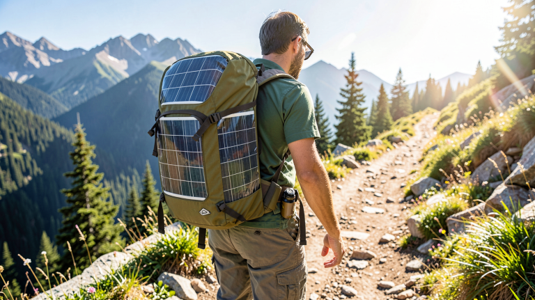 sac a dos solaire avec panneaux photovoltaïques intégrés porté par un randonneur sur un sentier de montagne